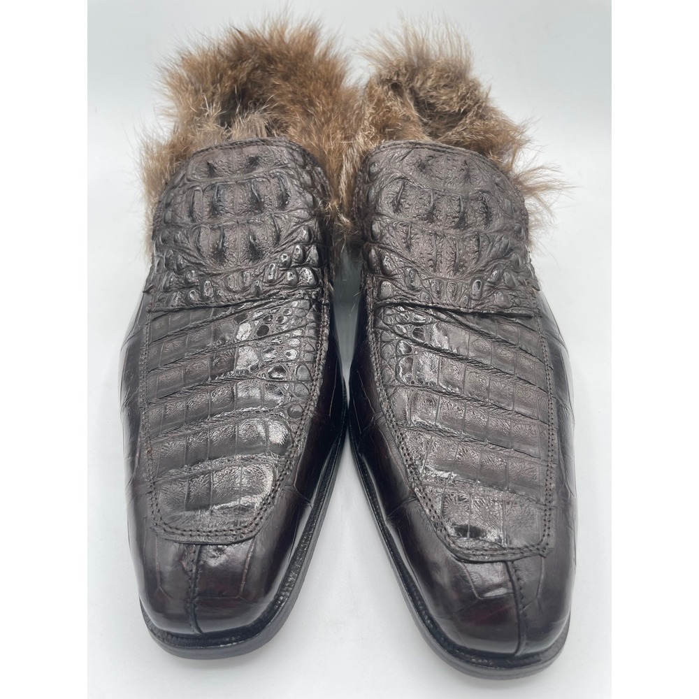 Mauri Mens Crocodile Leather Kangaroo Fur Trim Exotic Loafers Brown RARE